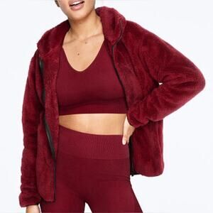 PINK Teddy Full-Zip sherpa maroon burgundy red Large